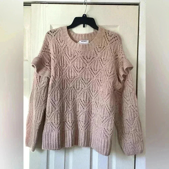 OLD NAVY LIGHT PEACH Ruffle-Trim Metallic Pointelle-Knit Sweater for Women Large - Picture 3 of 7